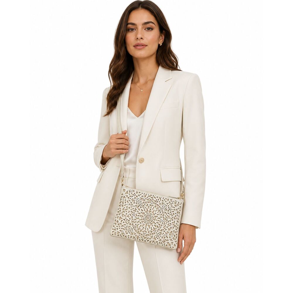 Isabella Fiore Leather Crossbody Bag Clutch Laser Cut Floral Handbag White Zips